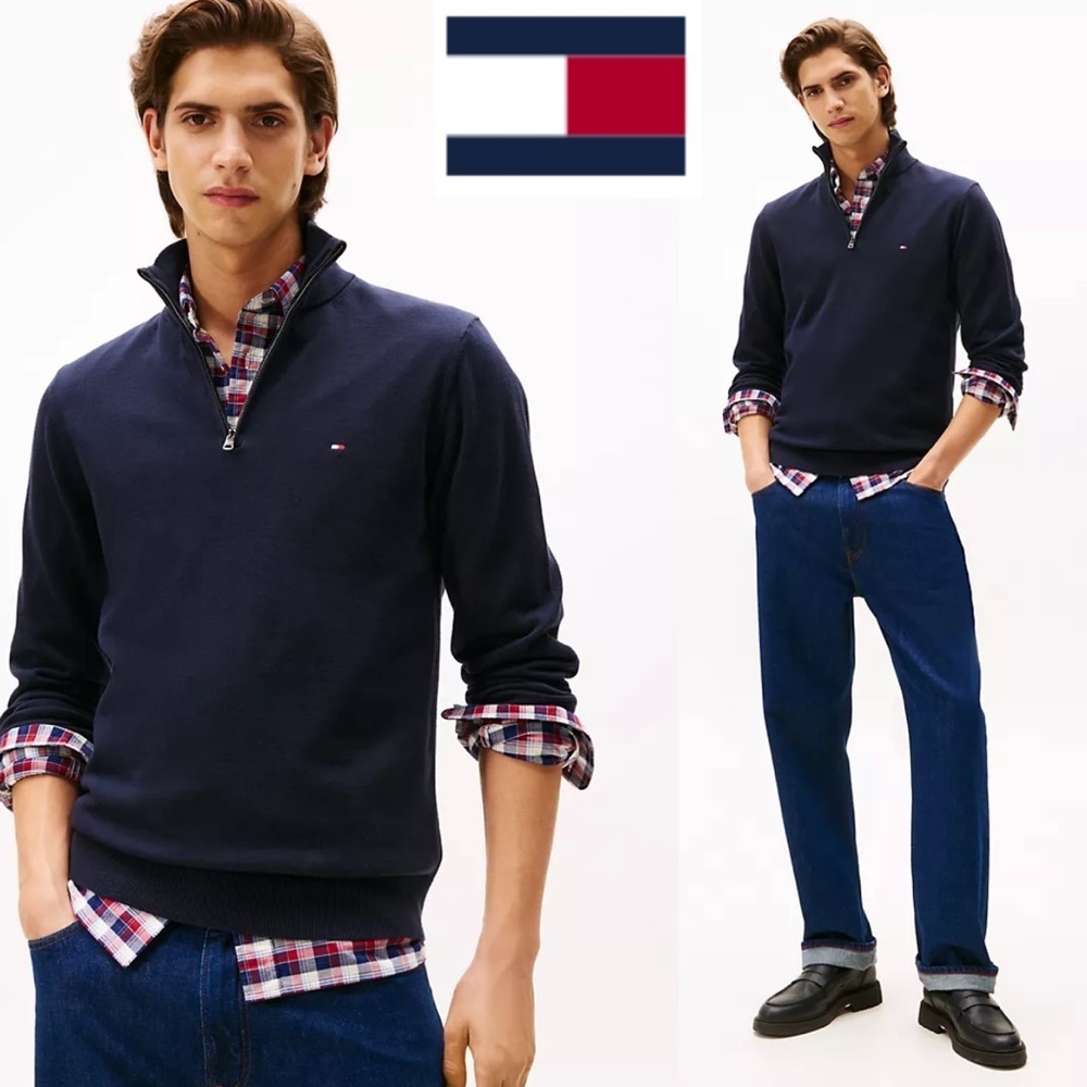 Tommy Hilfiger Men’s Navy Blue Half-Zip Pullover Sweatshirt Sweater Preppy XL
